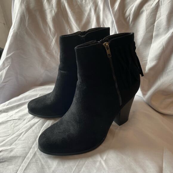 Just Fab Black Suede Fringe Ankle Boots SZ 10 Heeled Booties Cowgirl Western - Picture 3 of 9